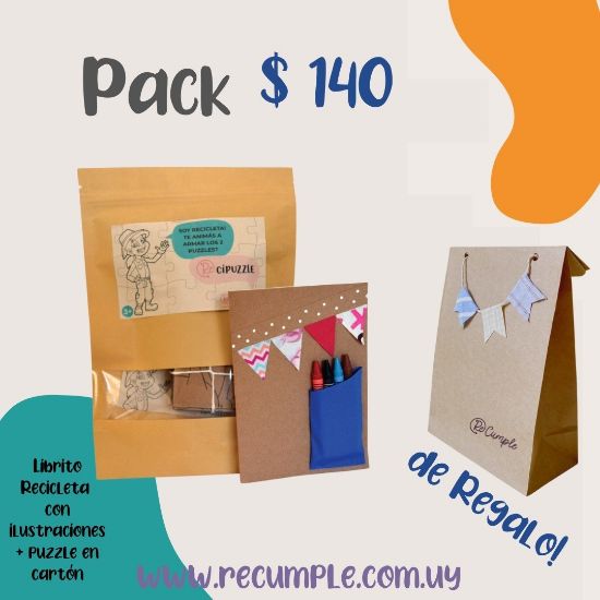 Imagen de Pack recipuzzle + recicleta + bolsa de papel con banderines