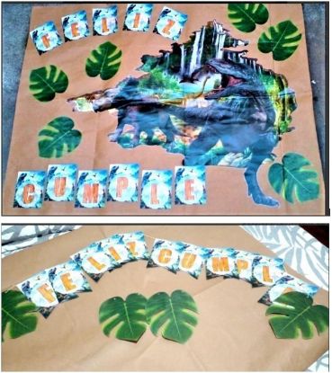 Imagen de Banner fondo mesa de torta y banderines dinosaurios jurassic park