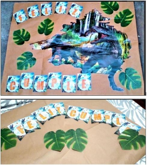 Imagen de Banner fondo mesa de torta y banderines dinosaurios jurassic park